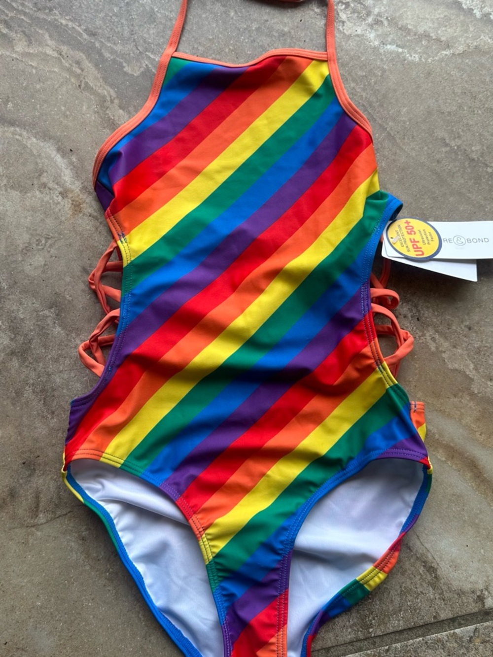 Treasure & Bond Rainbow Stripe One-Piece Swimsuit with Coral Trim  PM7